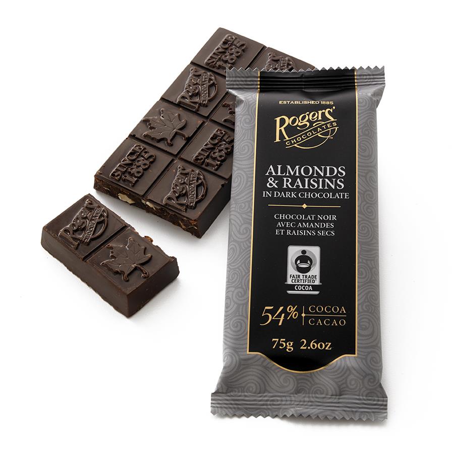 ROGERS' CHOCOLATE - ALMONDS & RAISINS DARK CHOCOLATE BAR - Buchan's Kerrisdale Stationery