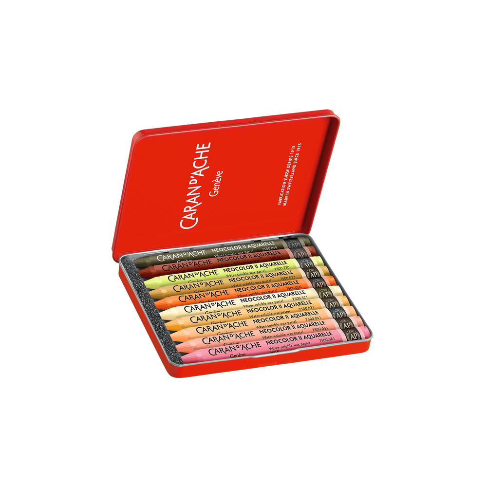 Caran D’ache – Limited Edition by Beya Rebaï + Online course – 10 Neocolor® II Aquarelle in Metal Box – Water-Soluble Wax Pastels Warm Shades - Buchan's Kerrisdale Stationery