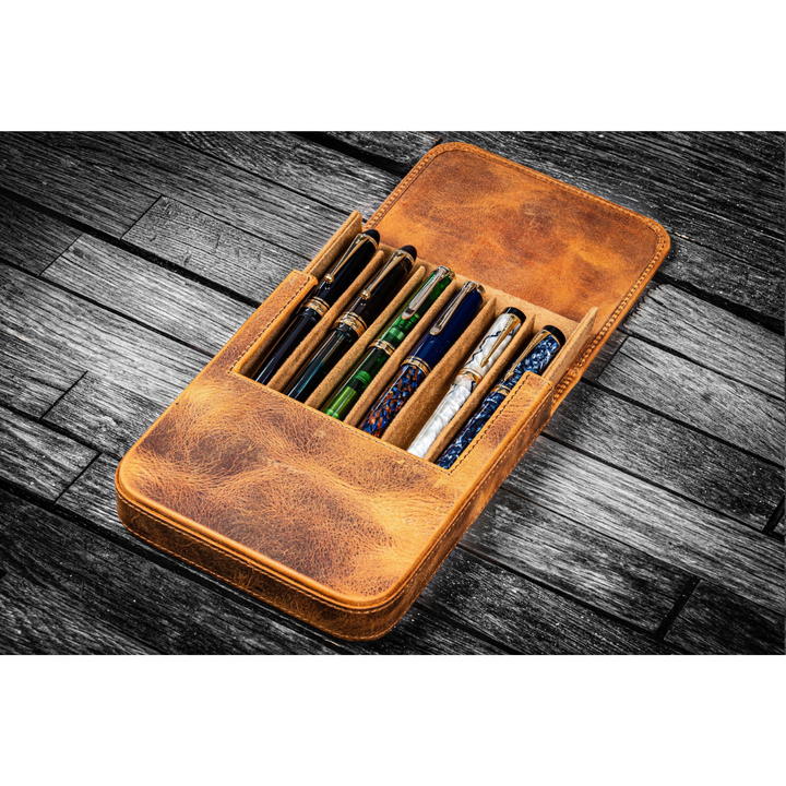 Galen Leather - Leather Magnum Opus 6 Slots Hard Pen Case with Removable Pen Tray - Crazy Horse Brown