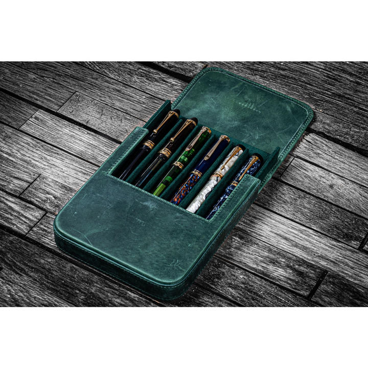 Galen Leather - Leather Magnum Opus 6 Slots Hard Pen Case with Removable Pen Tray - Crazy Horse Forest Green