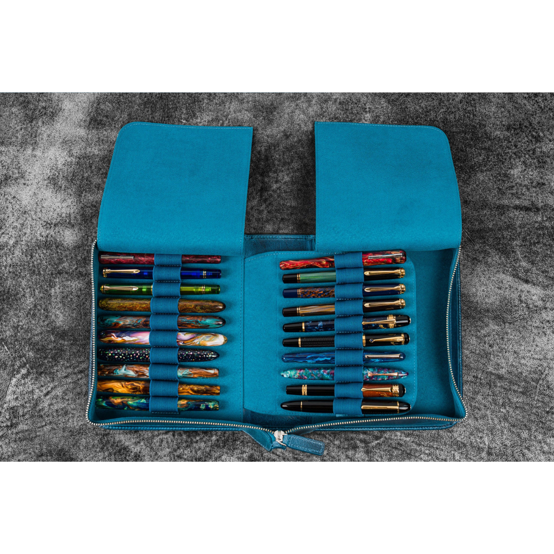 Galen Leather - Leather Zippered 40 Slots Pen Case - Crazy Horse Ocean Blue