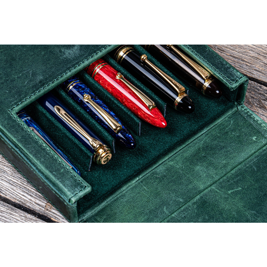 Galen Leather - Leather Magnum Opus 6 Slots Hard Pen Case with Removable Pen Tray - Crazy Horse Forest Green