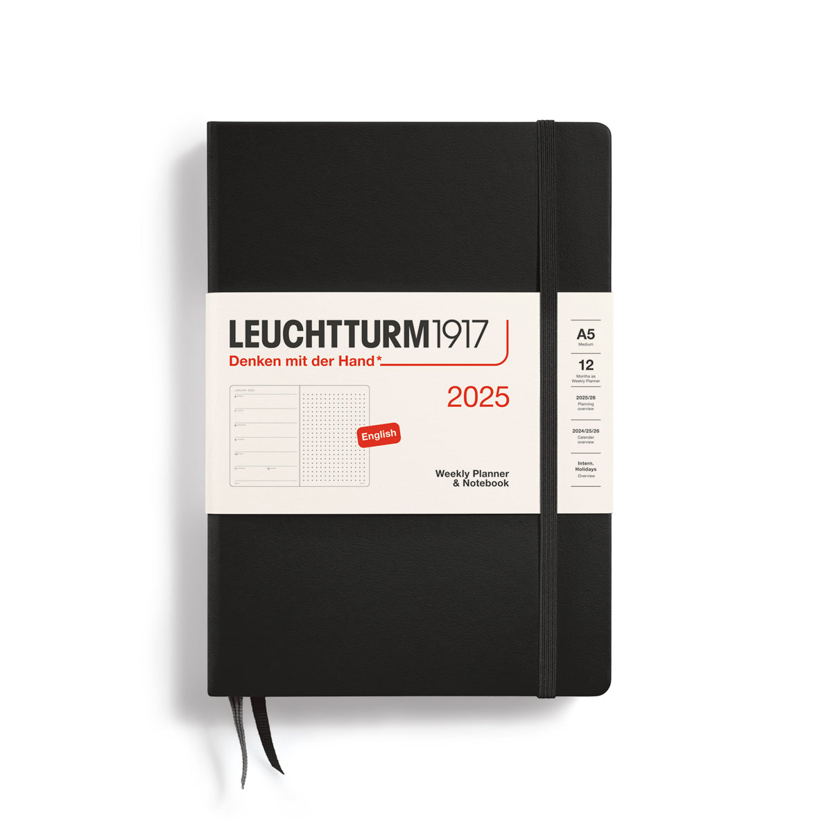 LEUCHTTURM 1917 - 2025 A5 WEEKLY PLANNER/NOTEBOOK - ENGLISH DOTTED - BLACK  - Free shipping to US and Canada - Vancouver Buchan's Kerrisdale Gift & Stationery Store