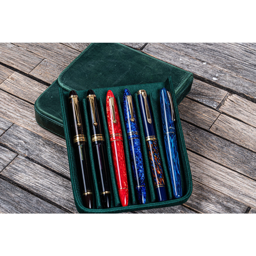 Galen Leather - Leather Magnum Opus 6 Slots Hard Pen Case with Removable Pen Tray - Crazy Horse Forest Green