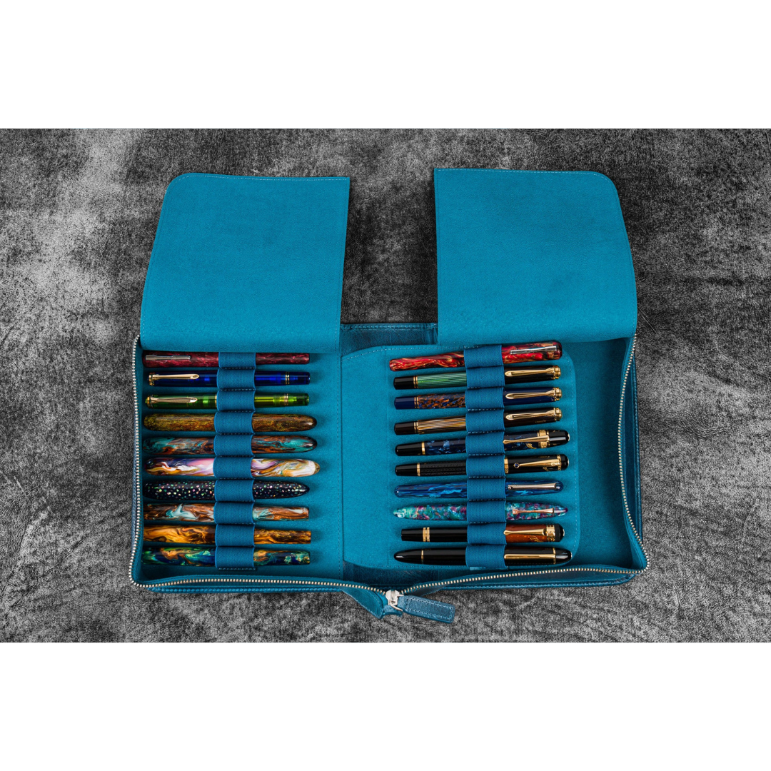 Galen Leather - Leather Zippered 40 Slots Pen Case - Crazy Horse Ocean Blue