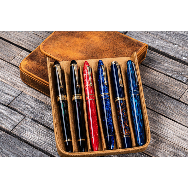 Galen Leather - Leather Magnum Opus 6 Slots Hard Pen Case with Removable Pen Tray - Crazy Horse Brown