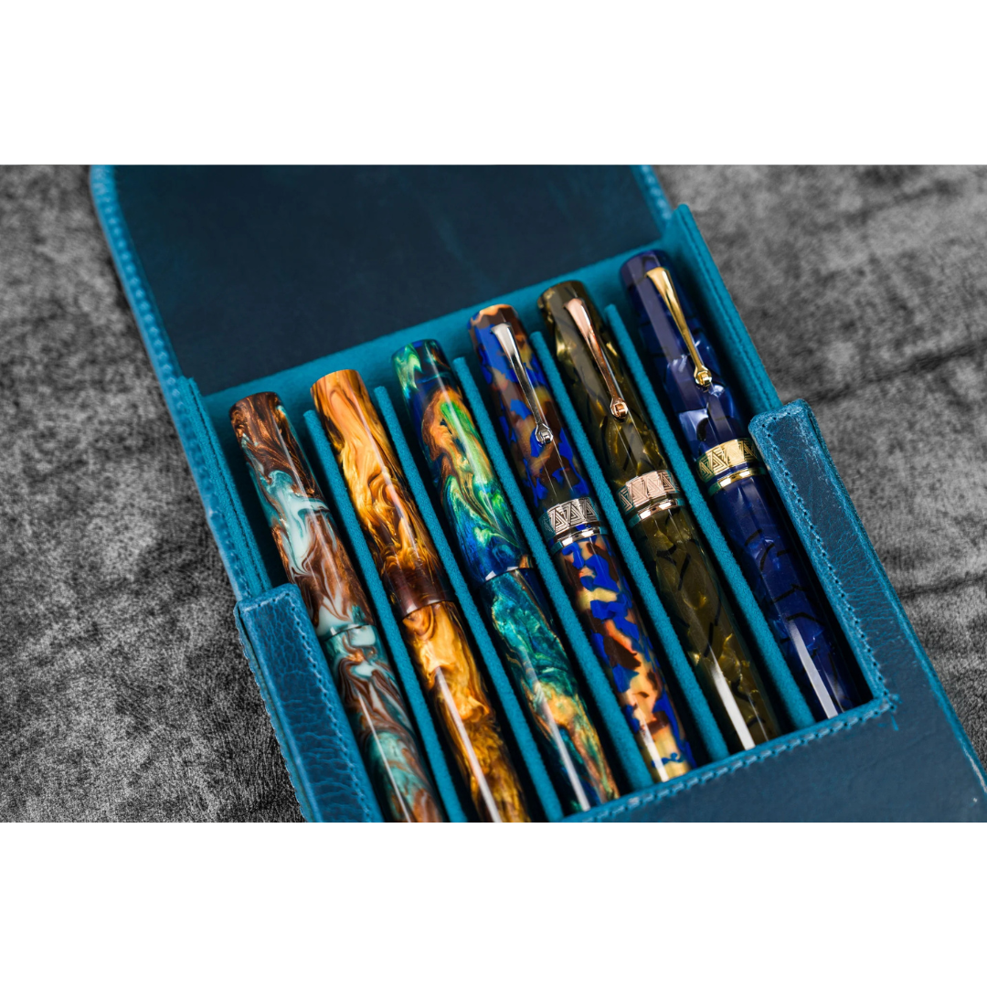 Galen Leather - Leather Magnum Opus 6 Slots Hard Pen Case with Removable Pen Tray - C.H. Ocean Blue