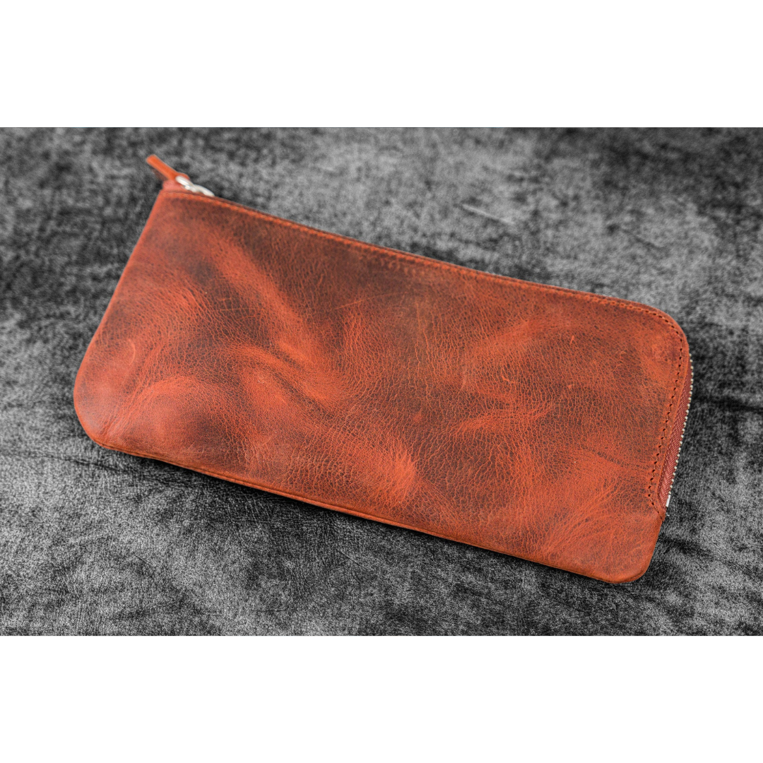 Galen Leather - Leather Slip-N-Zip 4 Slots Zippered Pen Pouch - C.H. Orange