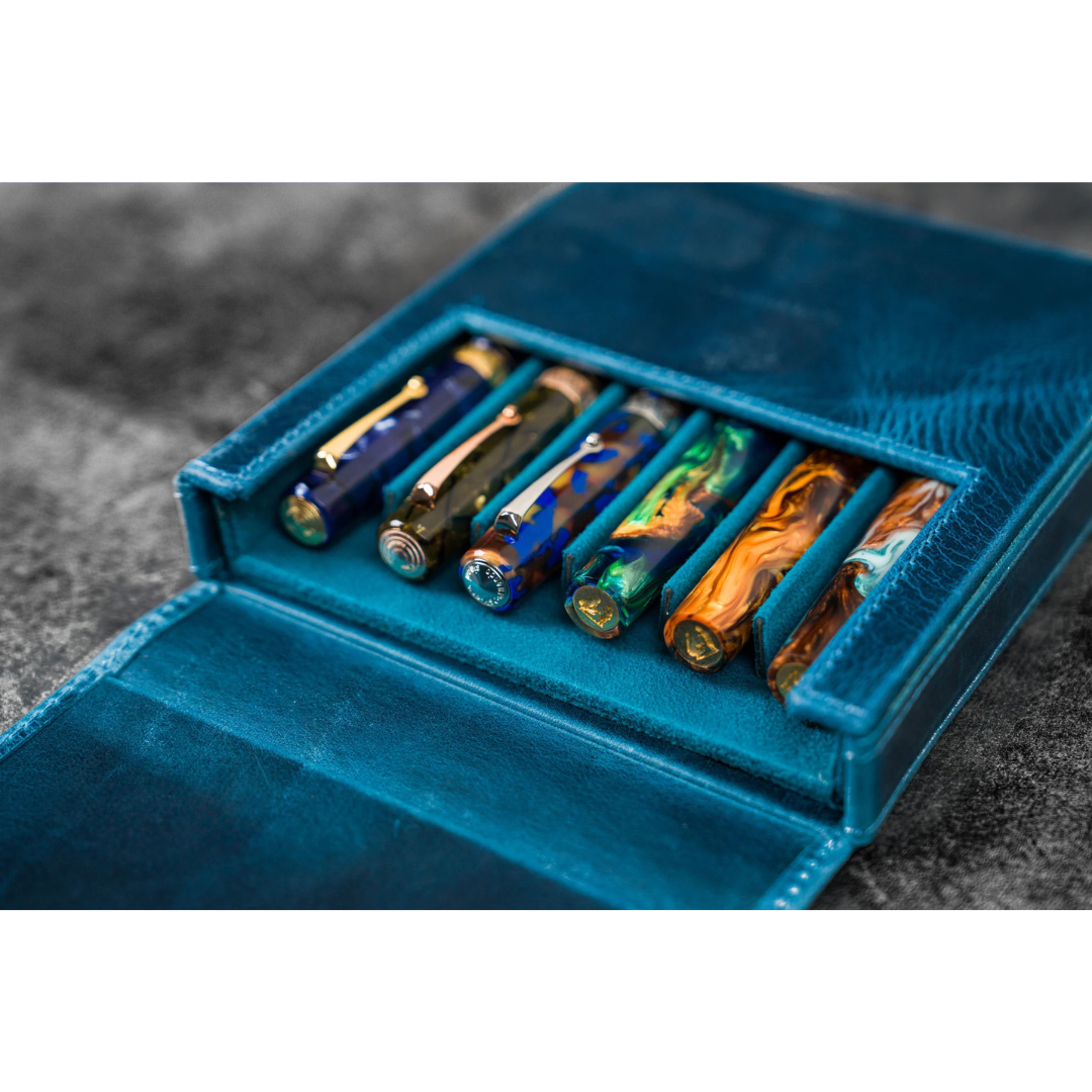 Galen Leather - Leather Magnum Opus 6 Slots Hard Pen Case with Removable Pen Tray - C.H. Ocean Blue