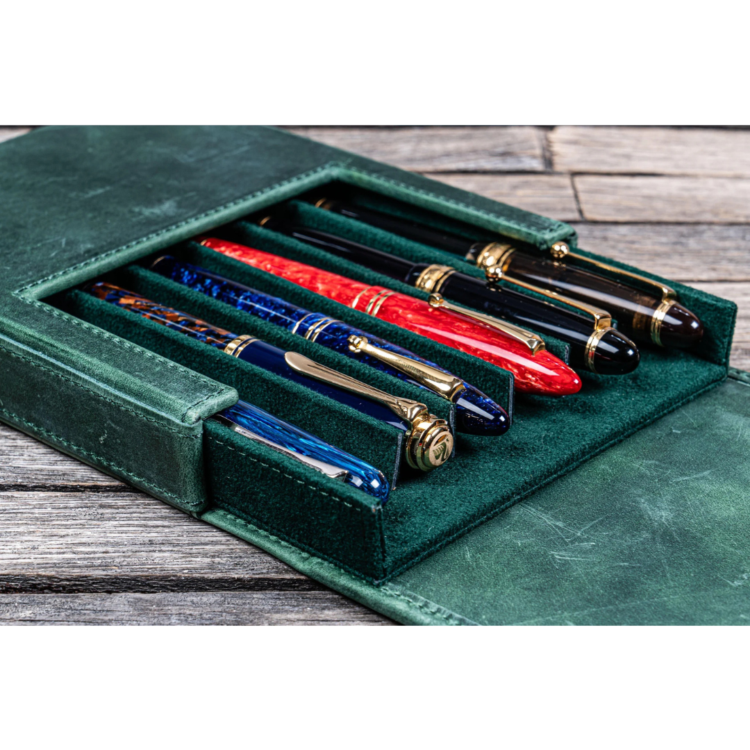 Galen Leather - Leather Magnum Opus 6 Slots Hard Pen Case with Removable Pen Tray - Crazy Horse Forest Green