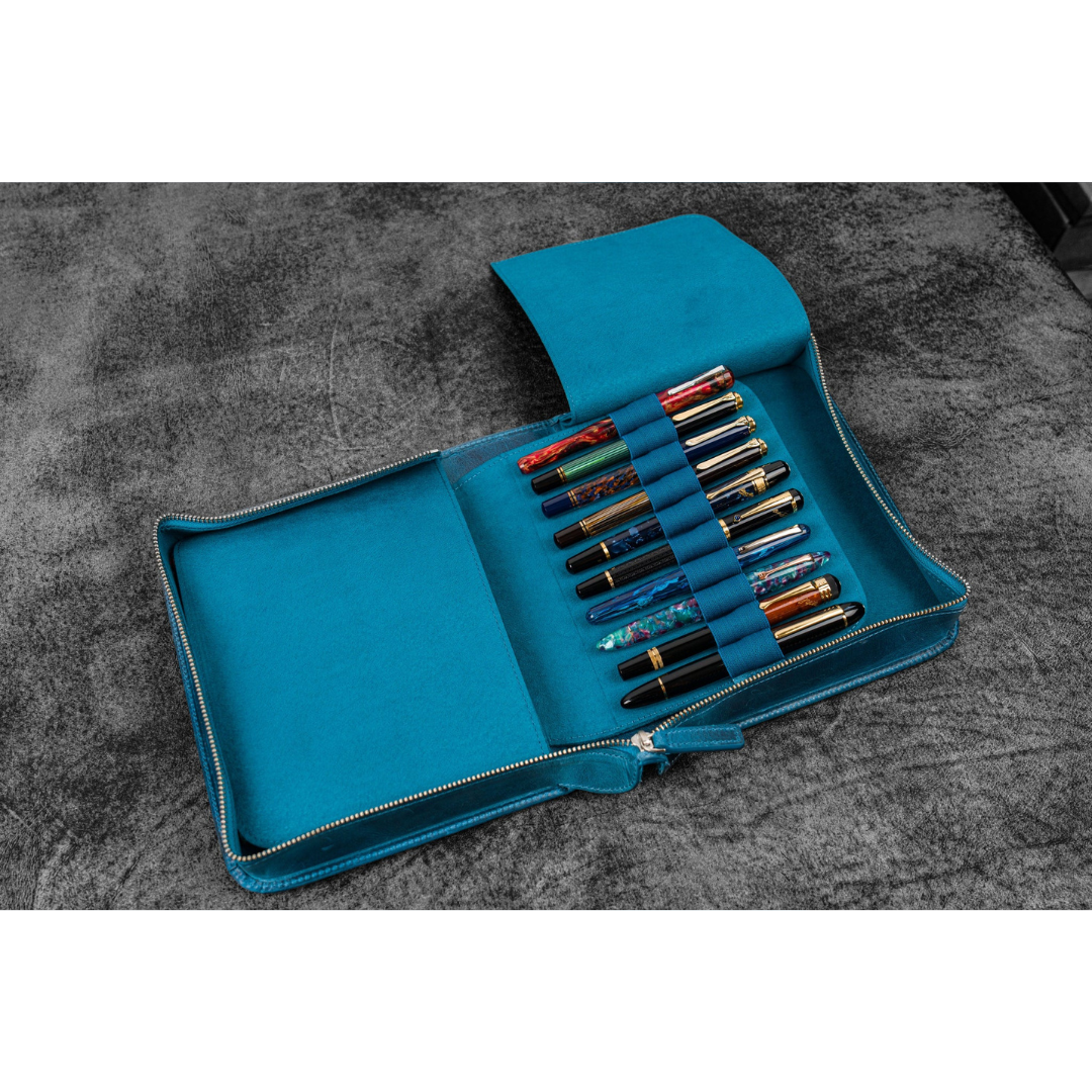 Galen Leather - Leather Zippered 40 Slots Pen Case - Crazy Horse Ocean Blue