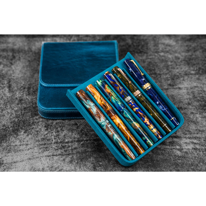 Galen Leather - Leather Magnum Opus 6 Slots Hard Pen Case with Removable Pen Tray - C.H. Ocean Blue