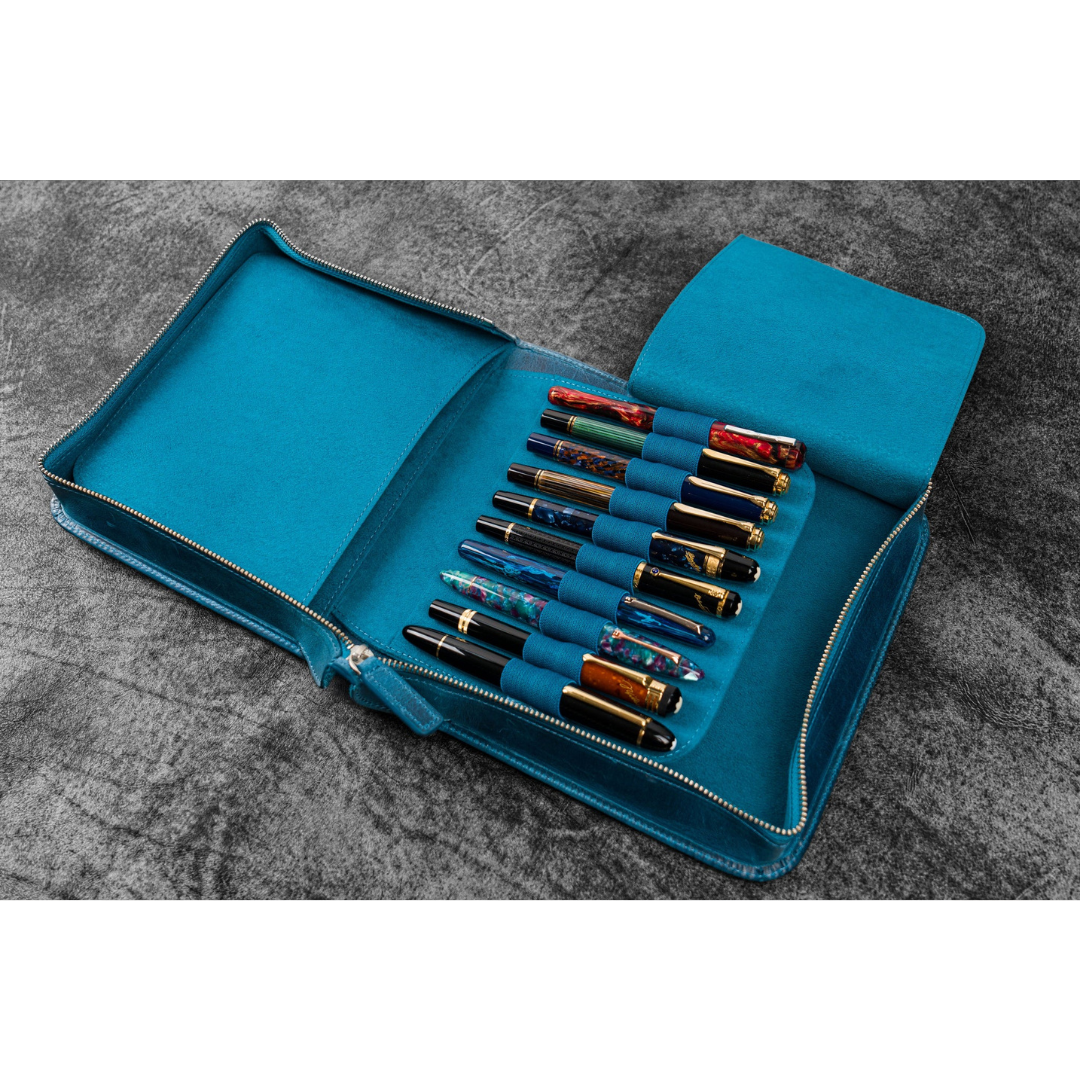 Galen Leather - Leather Zippered 40 Slots Pen Case - Crazy Horse Ocean Blue