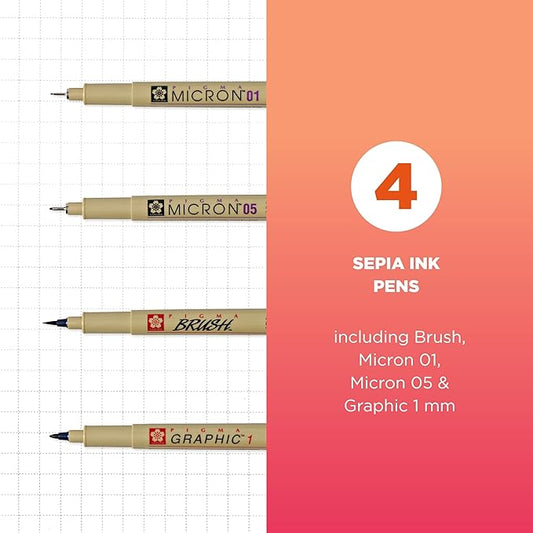 Pigma - Sepia Drawing Waterproof Permanent Pens - Assorted Sizes 4PC