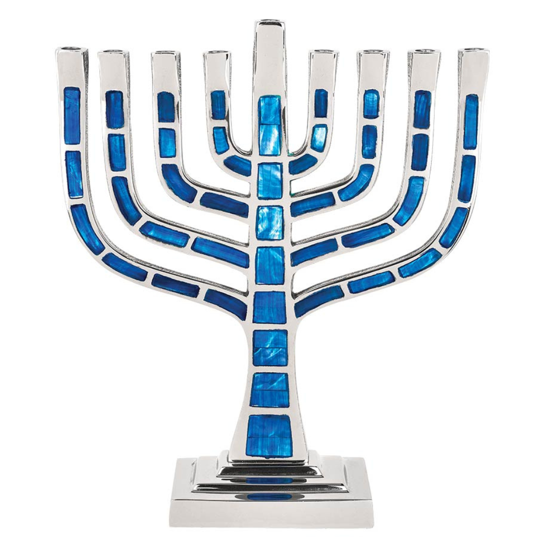 AVIV JUDAICA - Blue Jeweled Knesset Style Mosaic Aluminum Menorah