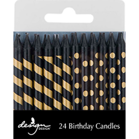 Design Design - Black and Gold Stripes and Dots Birthday Candles - Pack of 24