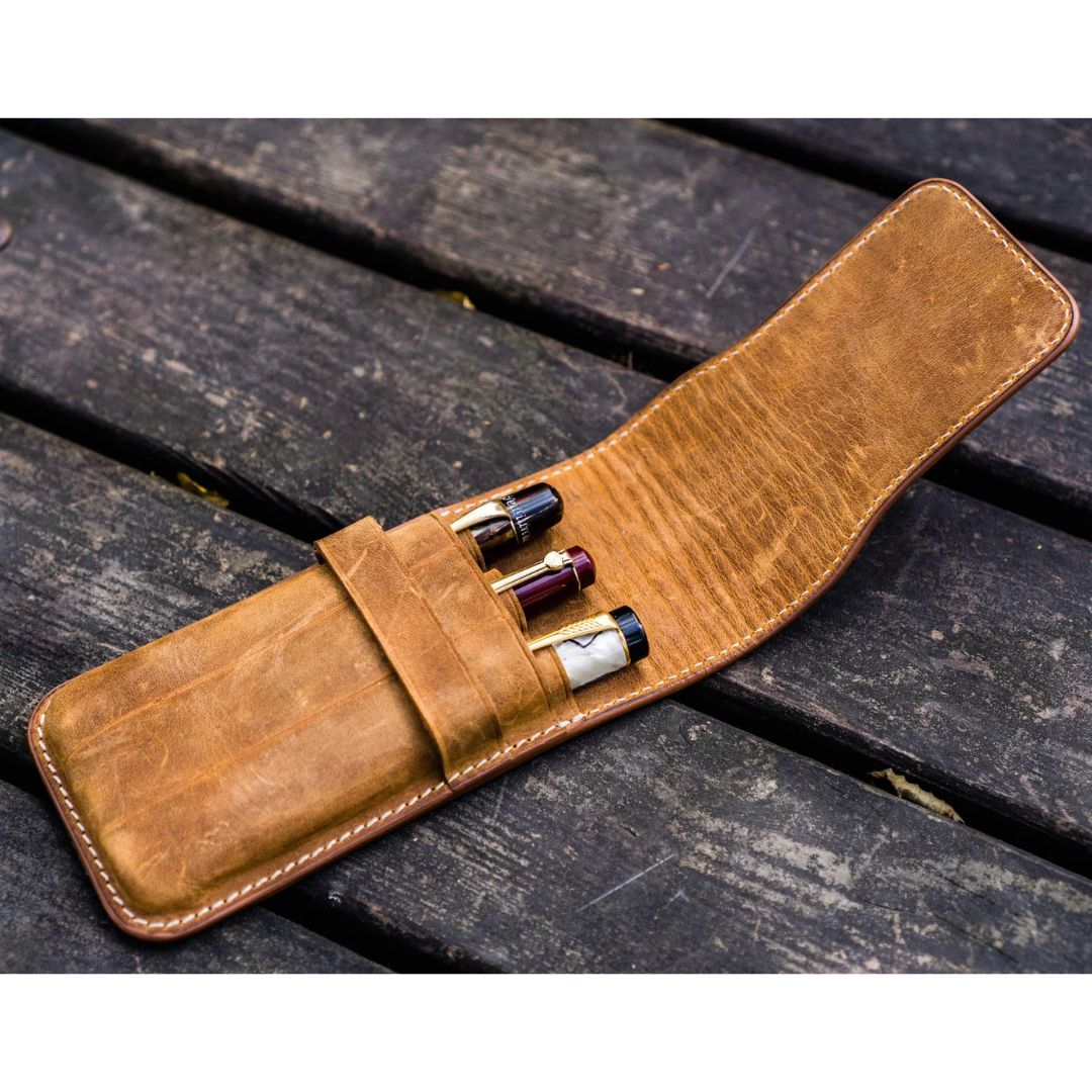 Galen Leather - Leather Flap Pen Case for Three Pens - Crazy Horse Brown