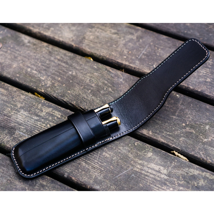 Galen Leather - Leather Flap Pen Case for Two Pens - Black