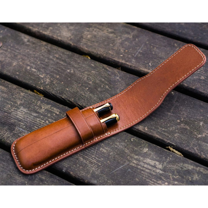 Galen Leather - Leather Flap Pen Case for Two Pens - Brown