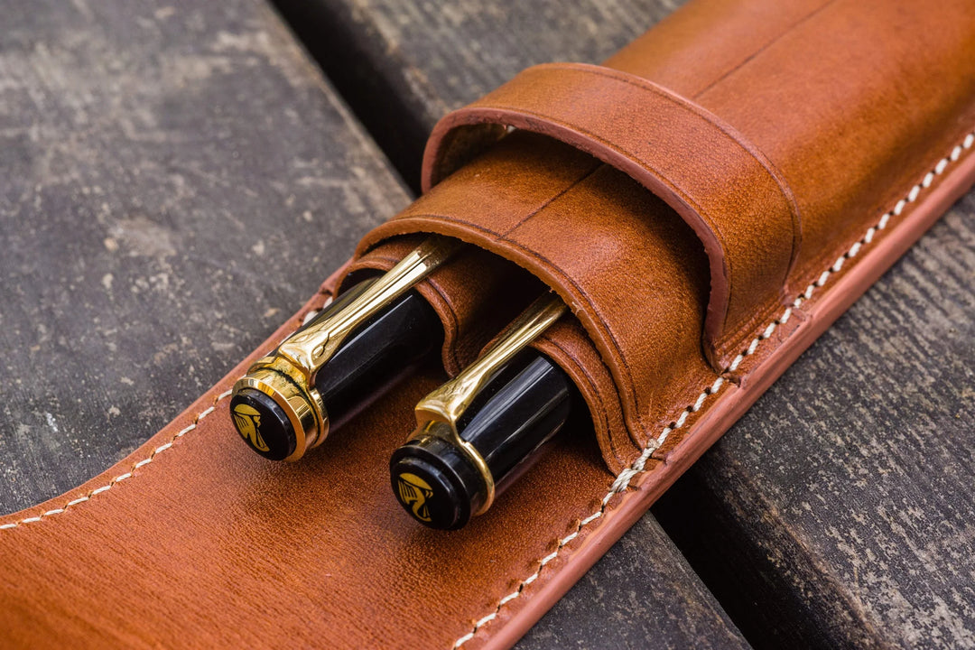 Galen Leather - Leather Flap Pen Case for Two Pens - Brown