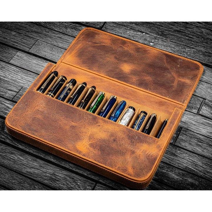 Galen Leather - Leather Magnum Opus 12 Slots Hard Pen Case with Removable Pen Tray - Crazy Horse Brown