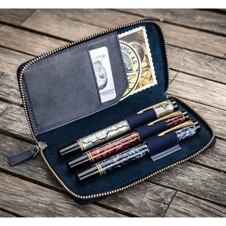 Galen Leather - Leather Zippered 3 Slots Pen Case - Crazy Horse Navy Blue