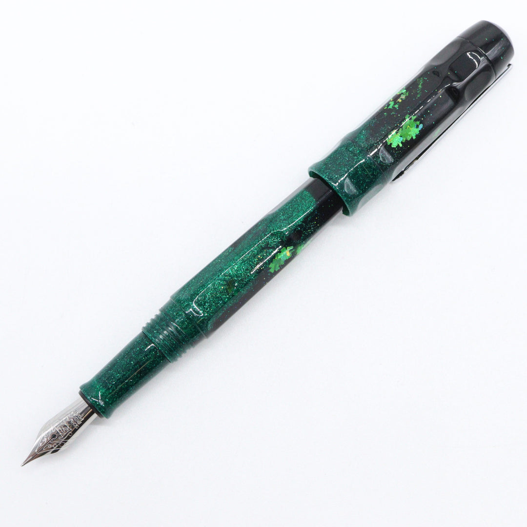 BENU - Talisman Collection - "Four Leaf Clover" Fountain Pen Black with emerald green sparkles and four leaf clovers available in fine, medium, broad