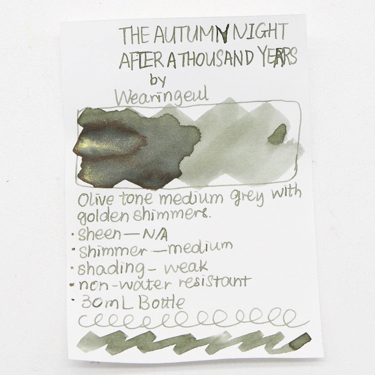 Wearingeul THE AUTUMN NIGHT AFTER A THOUSAND YEARS Ink Swatches and Writing Samples - Free shipping to US and Canada - Buchan's Stationery