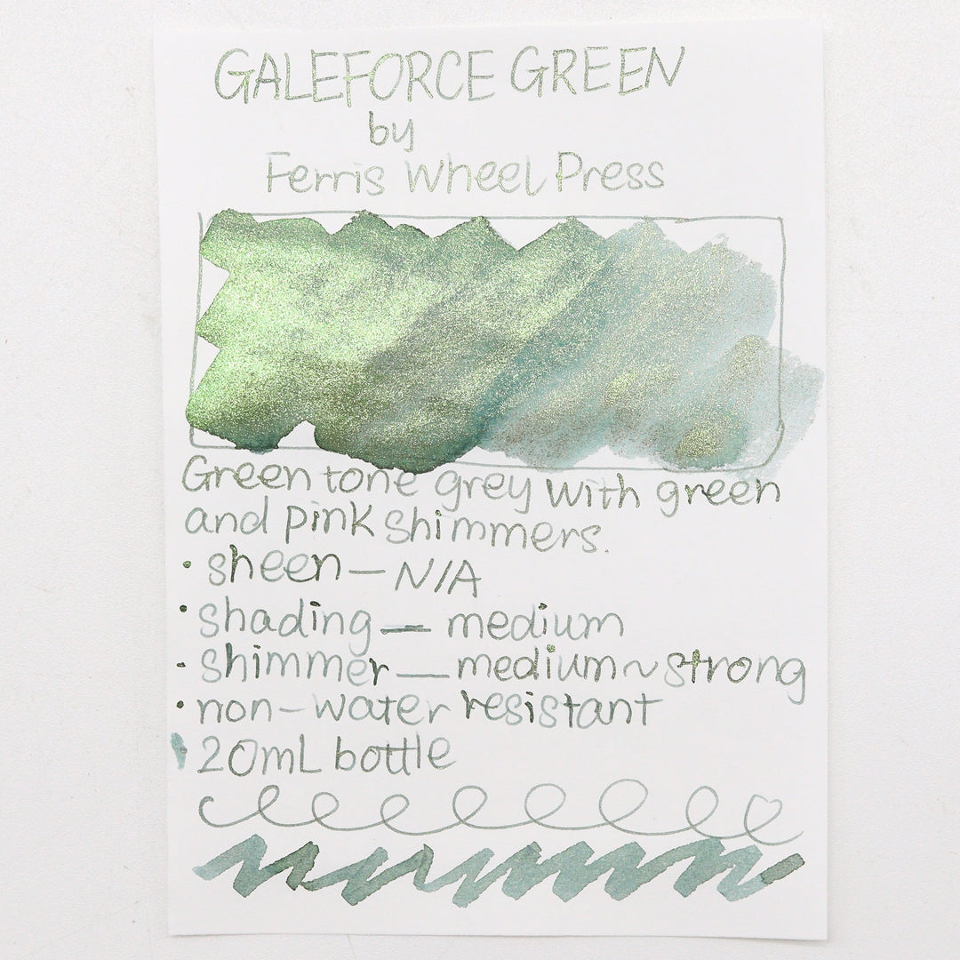 Ferris Wheel Press - FerriTales Collection 20ml Bottle - Galeforce Green Ink Swatches - Free shipping to US and Canada - Vancouver Buchan's Kerrisdale Stationery