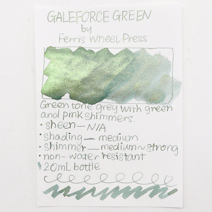 Ferris Wheel Press - FerriTales Collection 20ml Bottle - Galeforce Green Ink Swatches - Free shipping to US and Canada - Vancouver Buchan's Kerrisdale Stationery