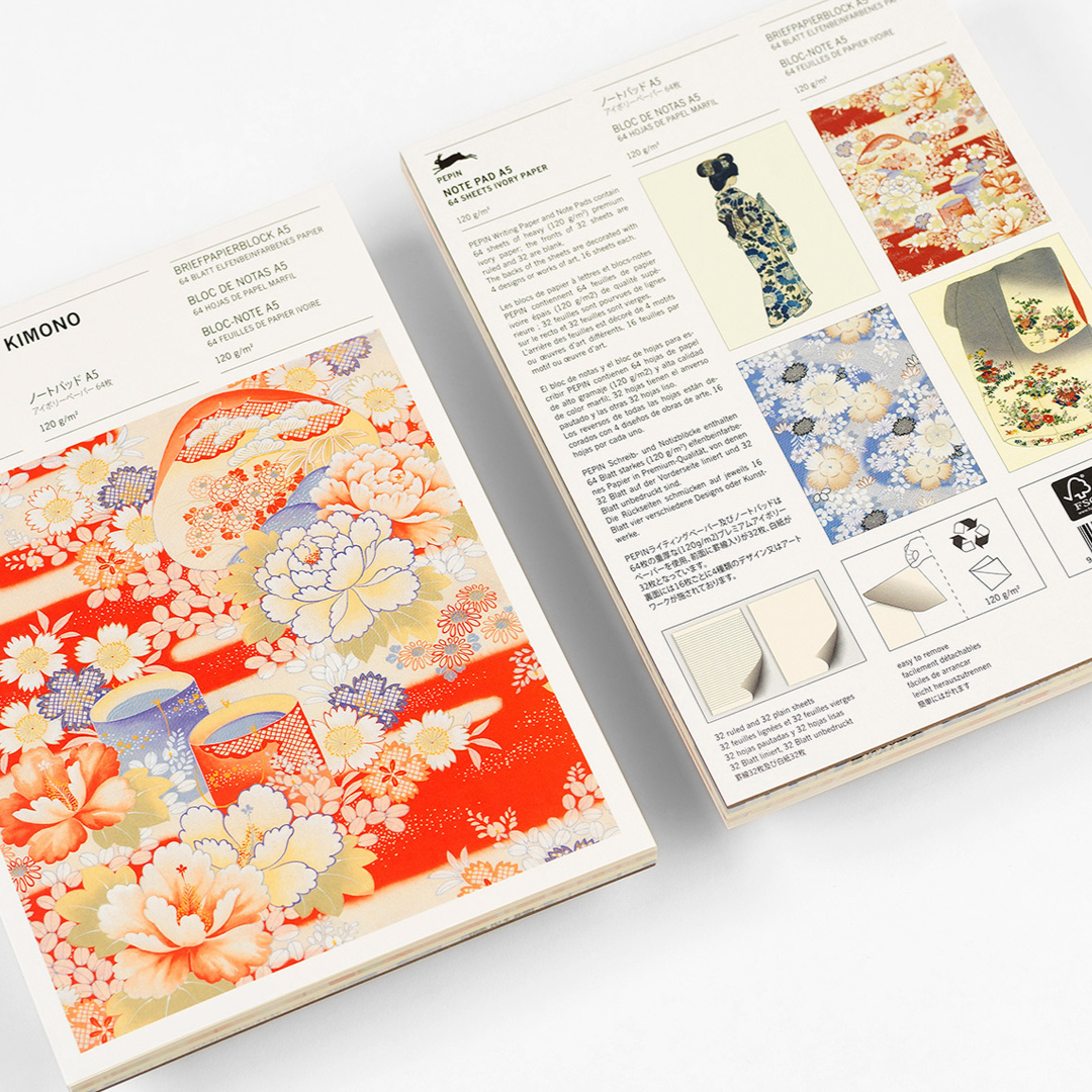 PEPIN PRESS - A5 NOTE PAD, Premium Ivory Paper, 64 Sheets - 'Kimono' (4 Japanese-style Print Designs) - Buchan's Kerrisdale Stationery