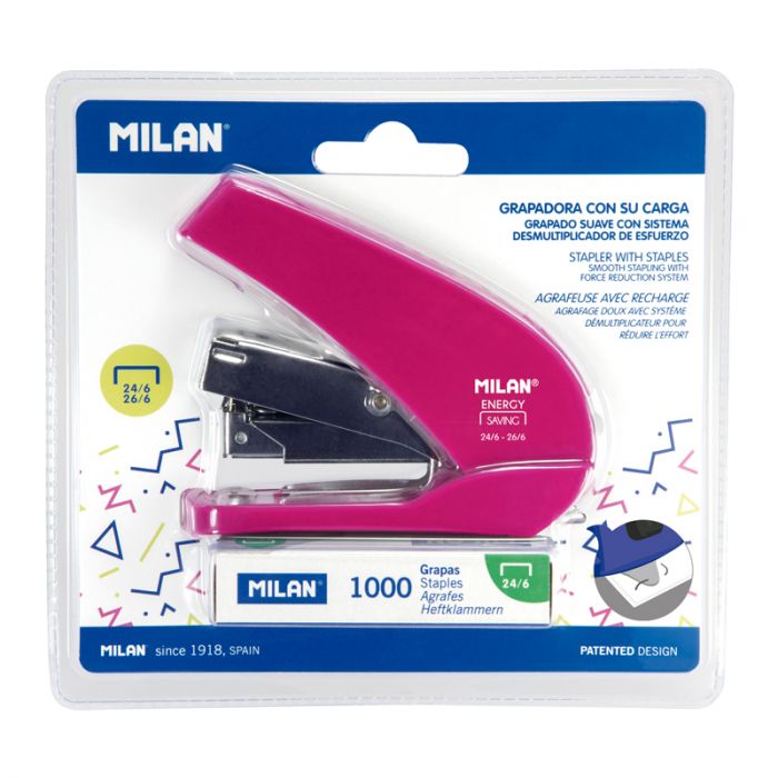 MILAN - Blister Pack 'Energy Saving' Compact Stapler - Acid series - Pink - Buchan's Kerrisdale Stationery