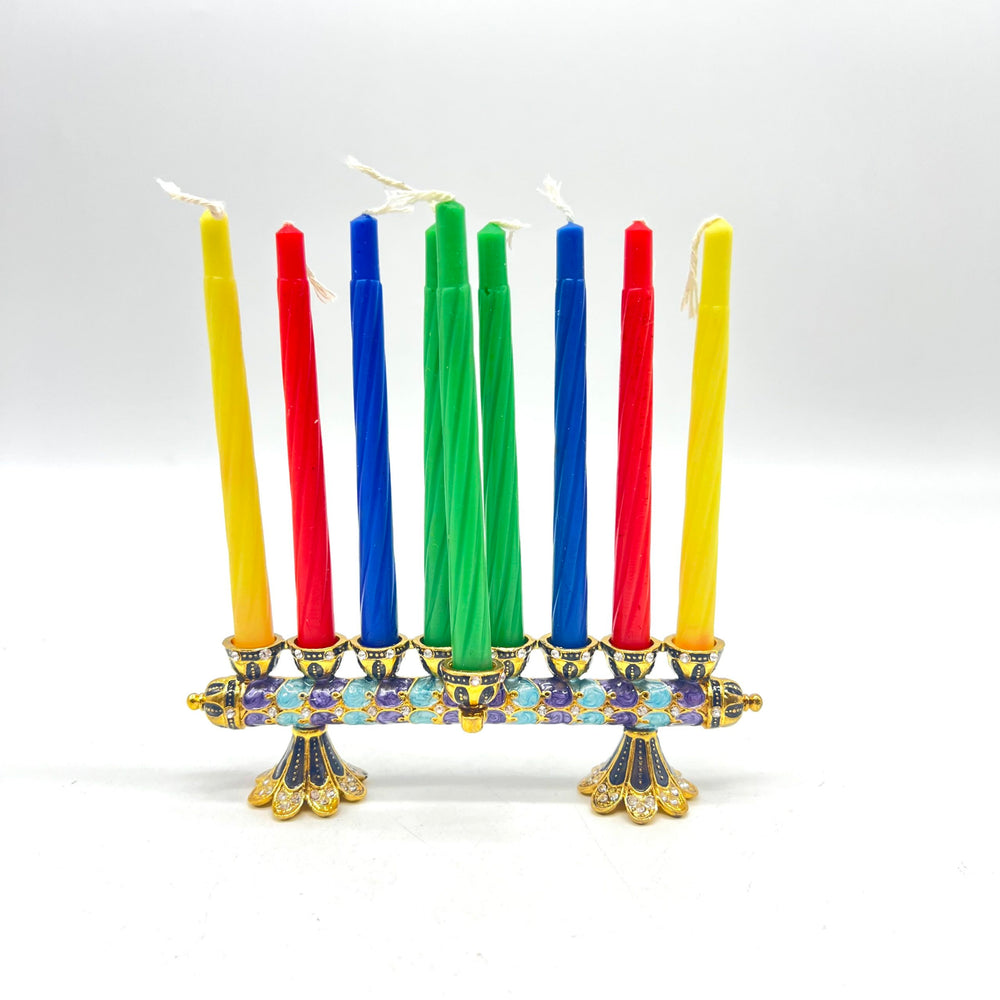 Reversible Chanukah Menorah And Shabbat Candlesticks - Blue & Gold Enamel Finish With Swarovski Crystals - Buchan's Kerrisdale Stationery