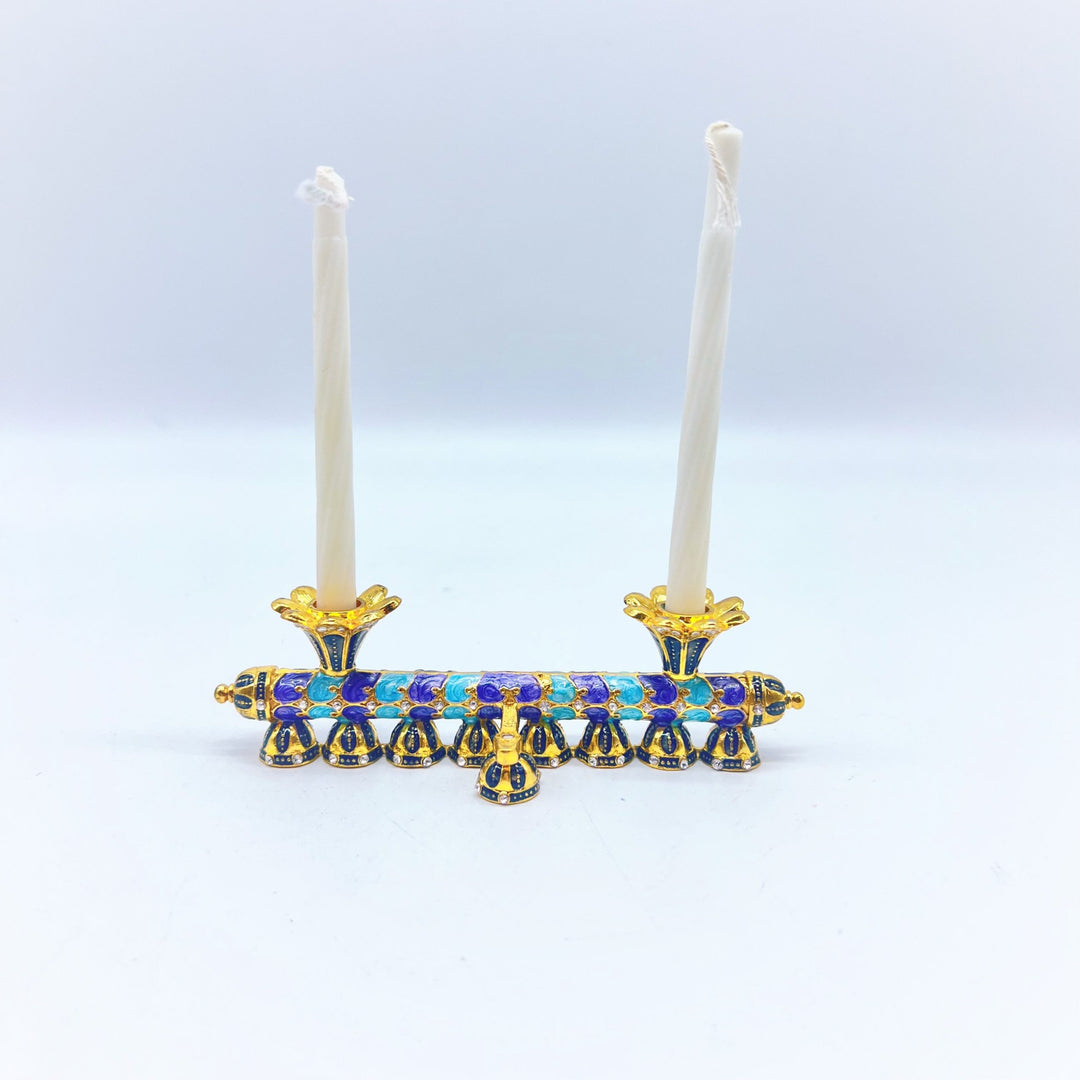 Reversible Chanukah Menorah And Shabbat Candlesticks - Blue & Gold Enamel Finish With Swarovski Crystals - Buchan's Kerrisdale Stationery