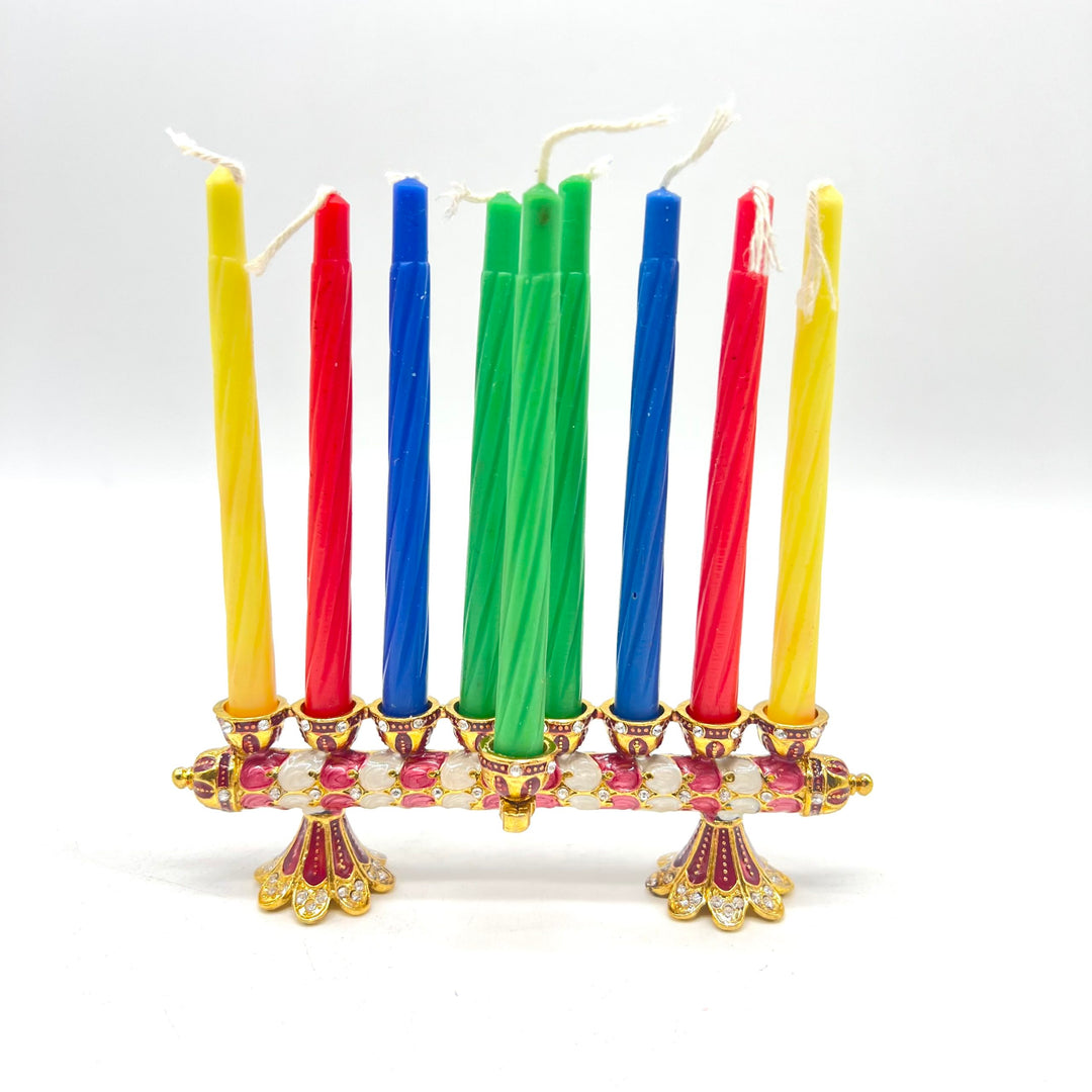 Reversible Chanukah Menorah And Shabbat Candlesticks – Red, White & Gold Enamel Finish With Swarovski Crystals - Buchan's Kerrisdale Stationery