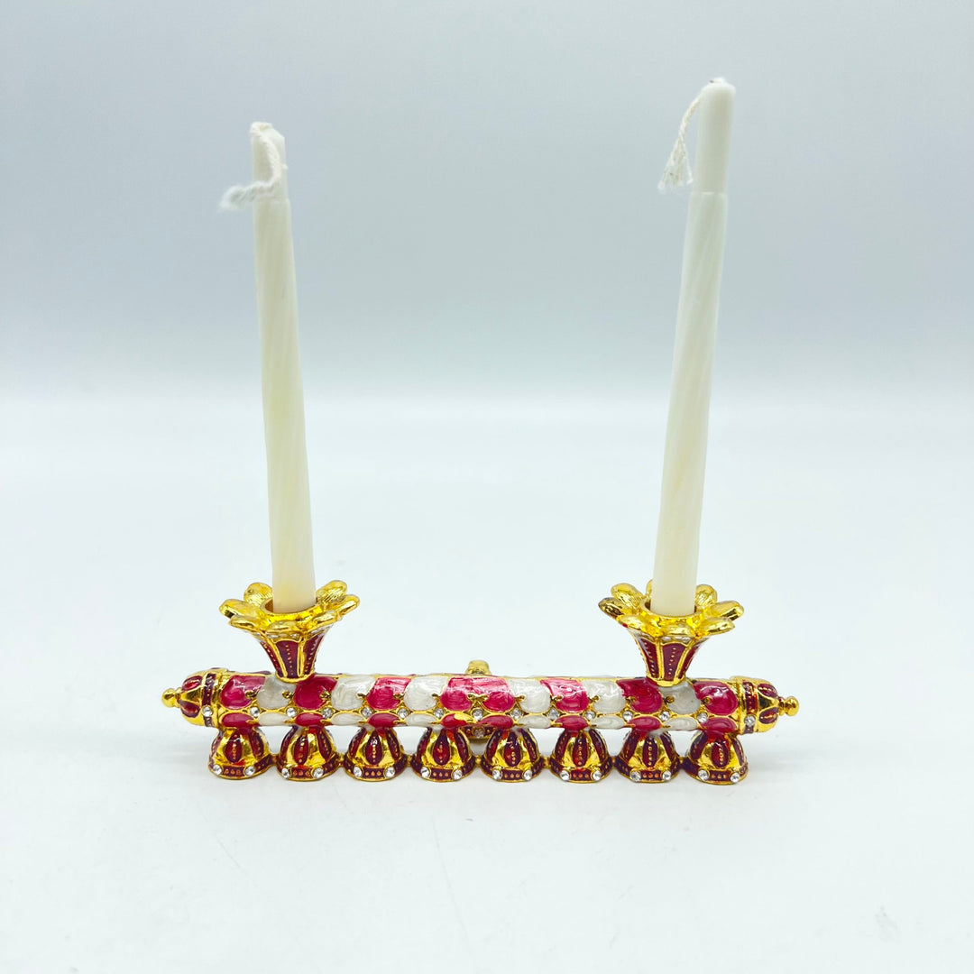 Reversible Chanukah Menorah And Shabbat Candlesticks – Red, White & Gold Enamel Finish With Swarovski Crystals - Buchan's Kerrisdale Stationery