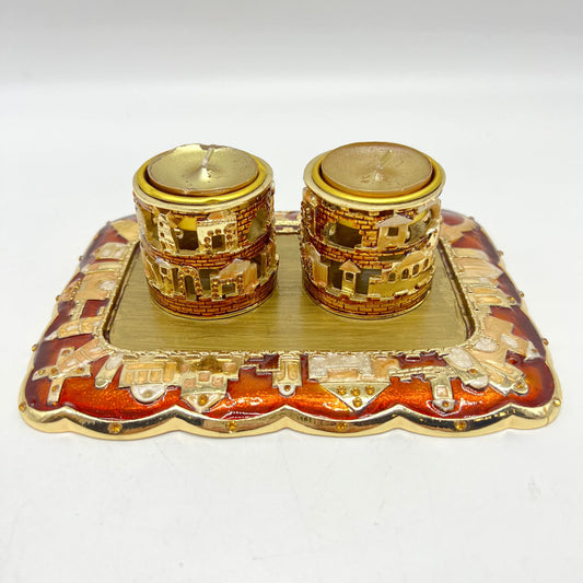 APEX JUDAICA - Jerusalem Cityscape Tealight Shabbat Candle Holder Set with Tray - Buchan's Kerrisdale Stationery