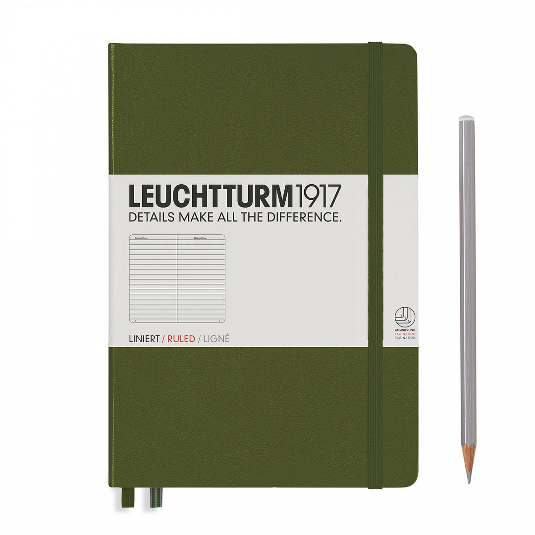 LEUCHTTURM - NOTEBOOK MEDIUM (A5) HARDCOVER, 251 NUMBERED PAGES, RULED, ARMY - Buchan's Kerrisdale Stationery