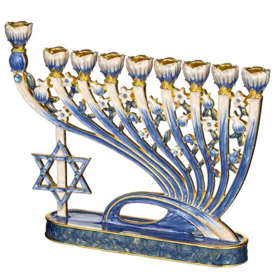 Star of David Enamel Menorah – Blue and Gold, Hand Painted with Swarovski Crystals - Buchan's Kerrisdale Stationery