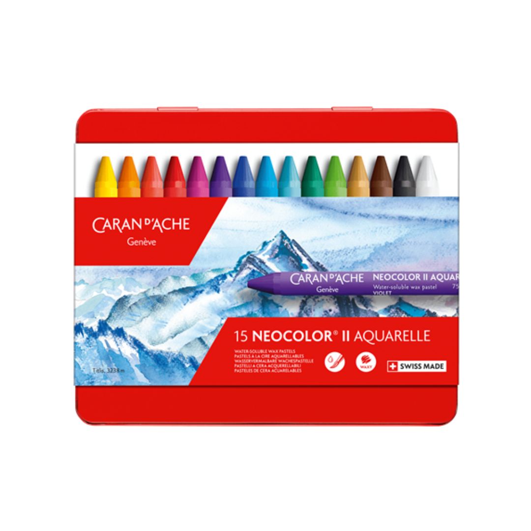 CARAN D'ACHE - 15 Neocolor® II Aquarelle in Metal Box – Water-Soluble Wax Pastels - Buchan's Kerrisdale Stationery