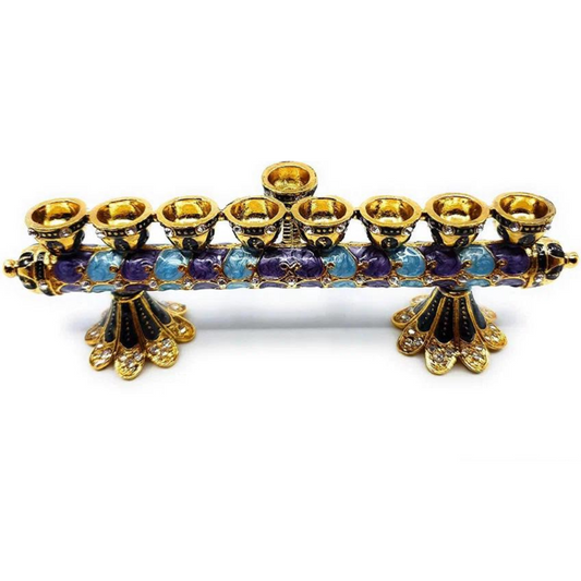 Reversible Chanukah Menorah And Shabbat Candlesticks - Blue & Gold Enamel Finish With Swarovski Crystals - Buchan's Kerrisdale Stationery