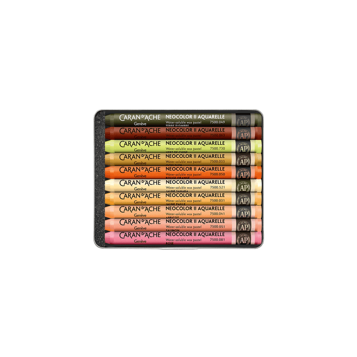 Caran D’ache – Limited Edition by Beya Rebaï + Online course – 10 Neocolor® II Aquarelle in Metal Box – Water-Soluble Wax Pastels Warm Shades - Buchan's Kerrisdale Stationery