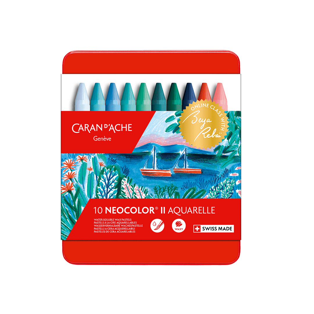 Caran D’ache - Limited Edition by Beya Rebaï + Online course - 10 Neocolor® II Aquarelle in Metal Box - Water-Soluble Wax Pastels Cold shades - Buchan's Kerrisdale Stationery